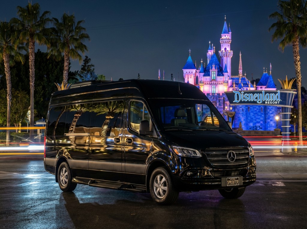 Black Mercedes Sprinter at Disneyland Resort at night