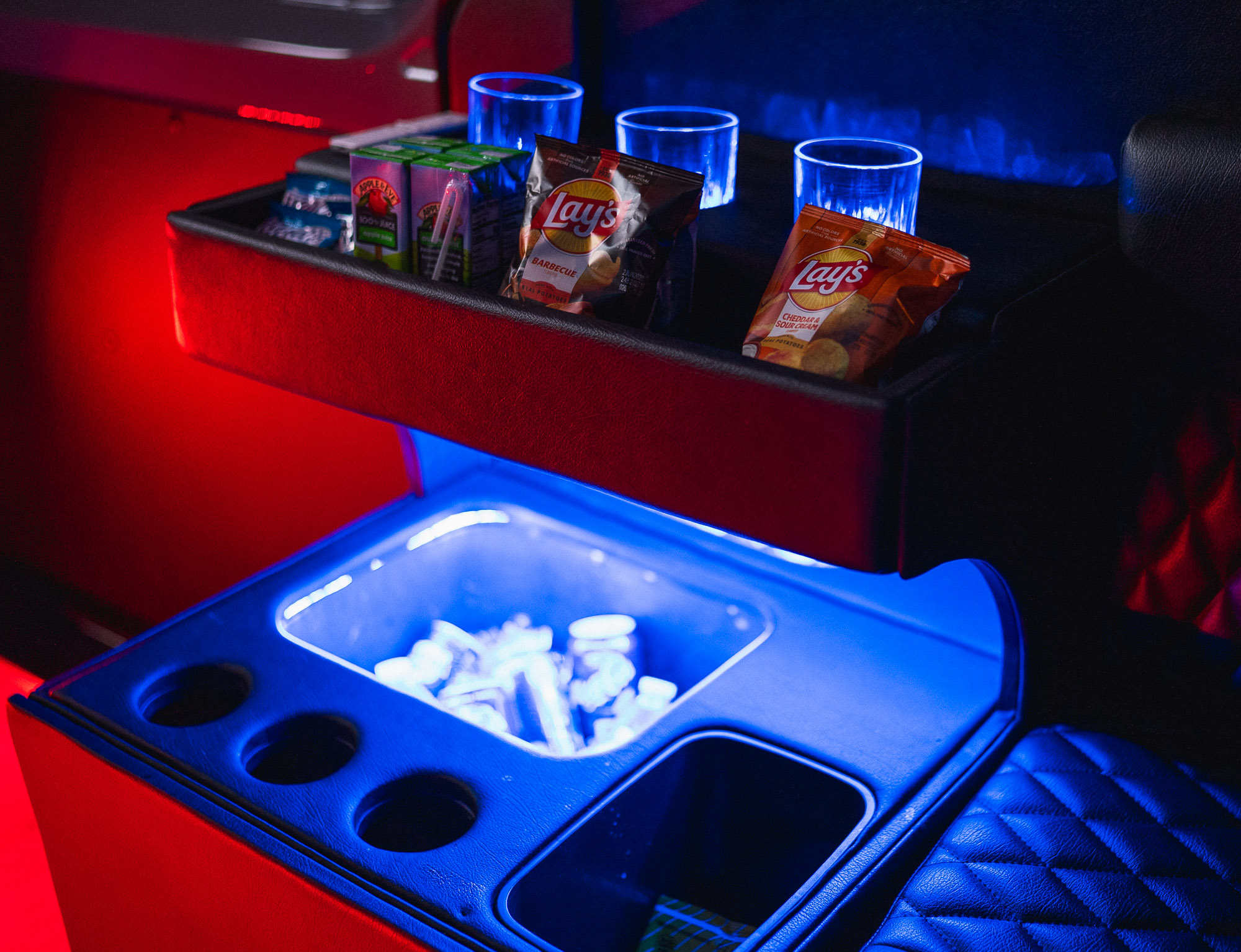 Console with snacks and drinks