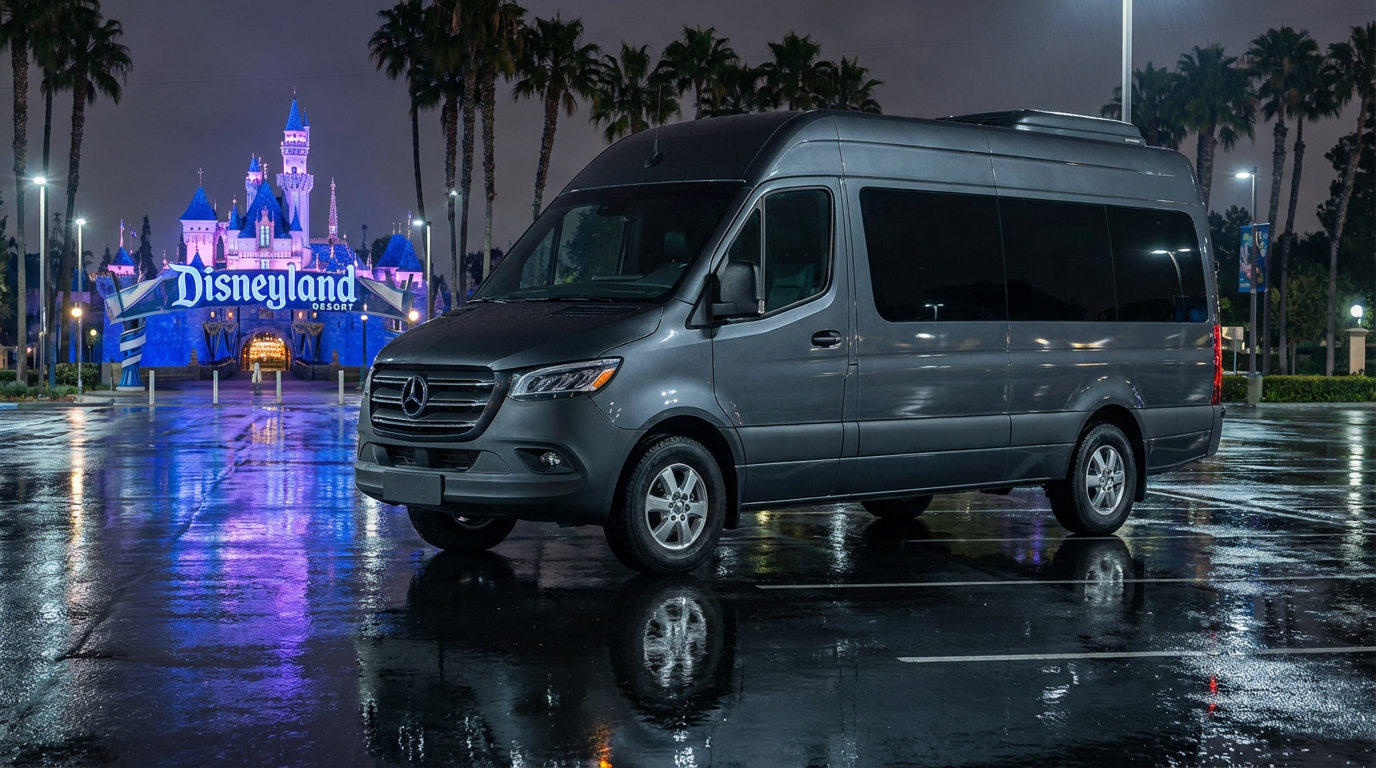Grey Mercedes Sprinter at night